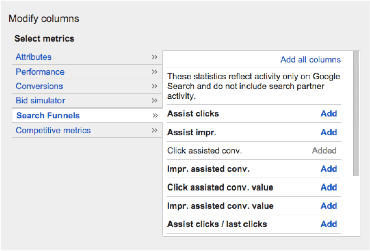Google Adwords modify-columns